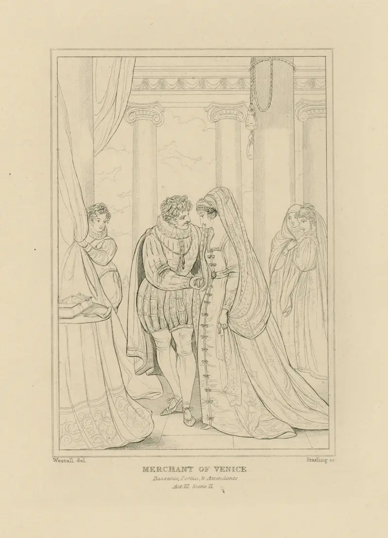 Köpmannen i Venedig, akt 3, scen 2: Bassanio, Portia och tjänare av William Francis Starling