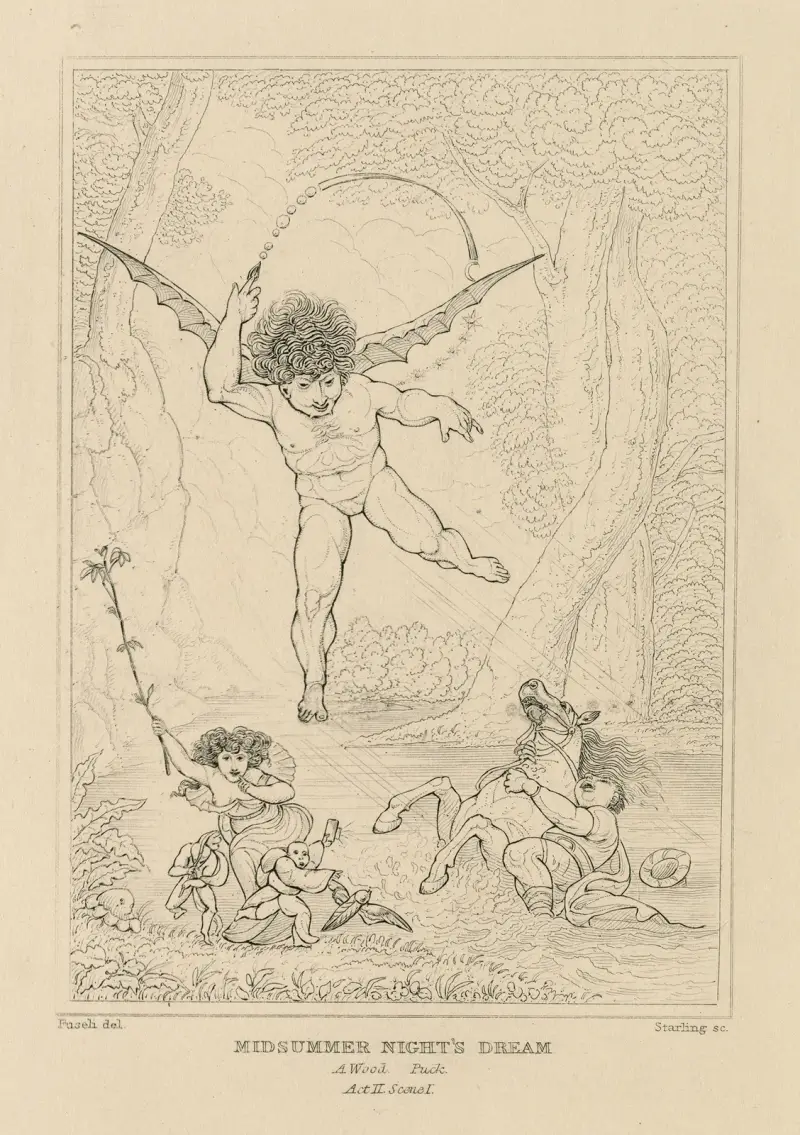 En midsommarnattsdröm, en skog, Puck, akt II, scen I av William Francis Starling