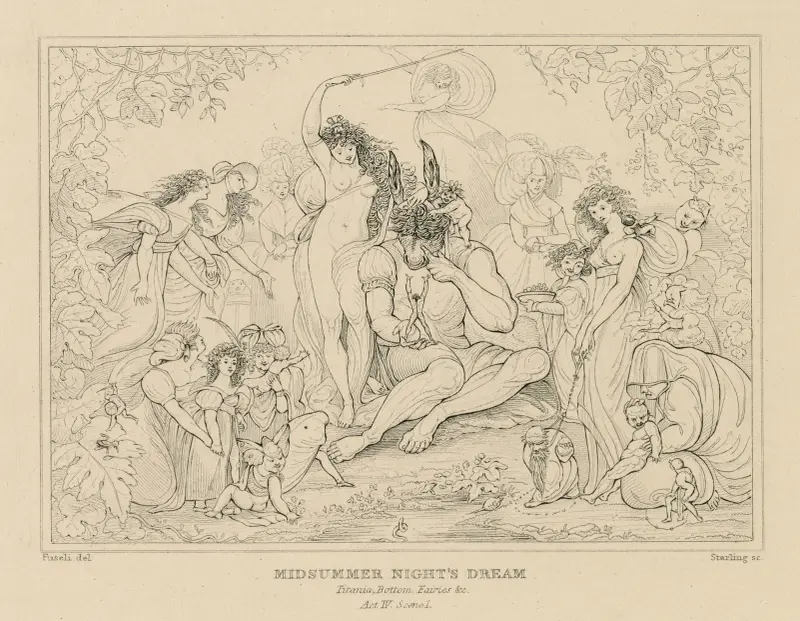 En midsommarnattsdröm: Titania, Bottom, älvor m.fl., akt IV, scen 1 av William Francis Starling