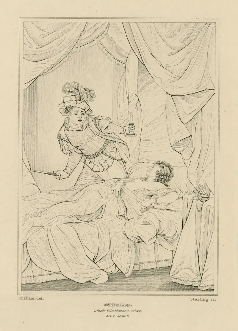 Othello, Othello och Desdemona, sovande, akt V, scen II av William Francis Starling