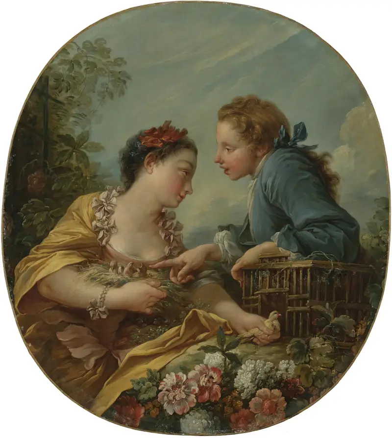 Ung kvinna och yngling som sätter fågelungar i bur; 'Fågelfångarna' av François Boucher