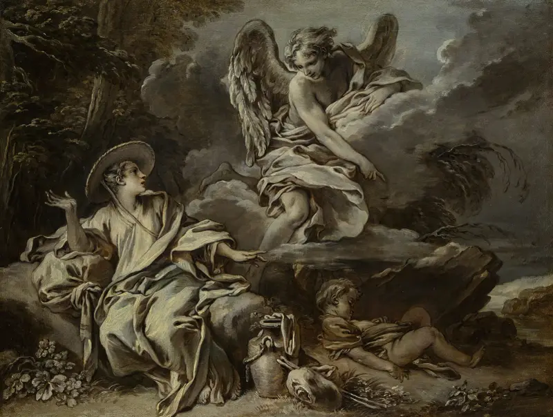 Hagar och Ismael i öknen med ängeln av François Boucher