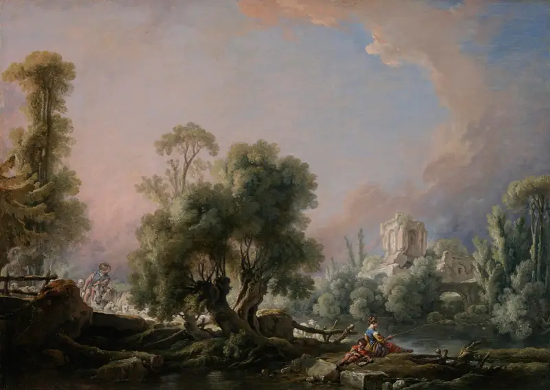 Idylliskt landskap med fiskande kvinna av François Boucher
