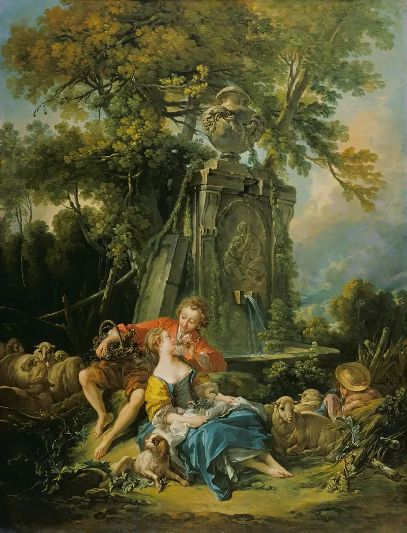 Pastoral scen med ett par vid en fontän av François Boucher