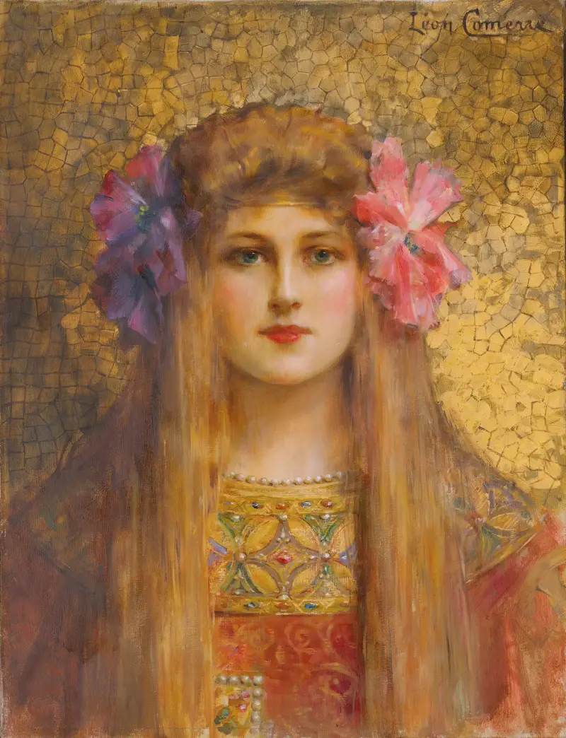 Porträtt av kvinna med blommig turban av Léon François Comerre