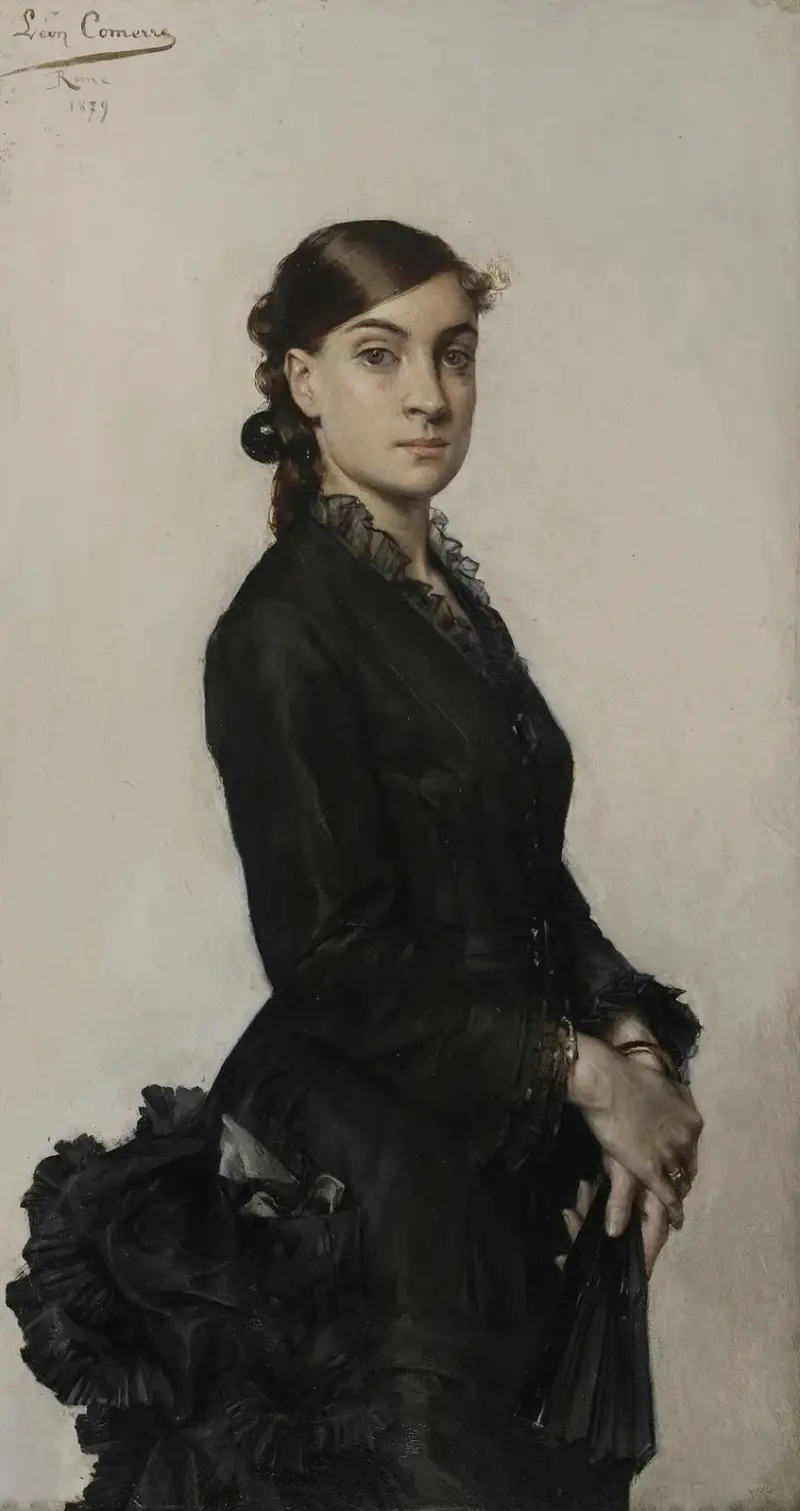 Porträtt av Jacqueline Comerre-Paton i svart klänning av Léon François Comerre