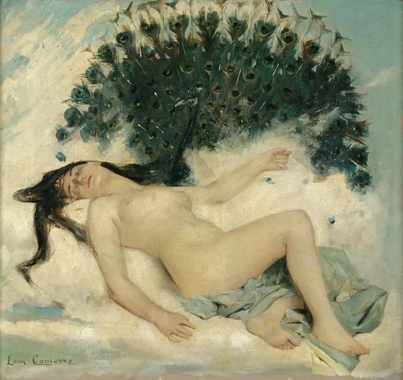 Sovande kvinna med påfågel av Léon François Comerre