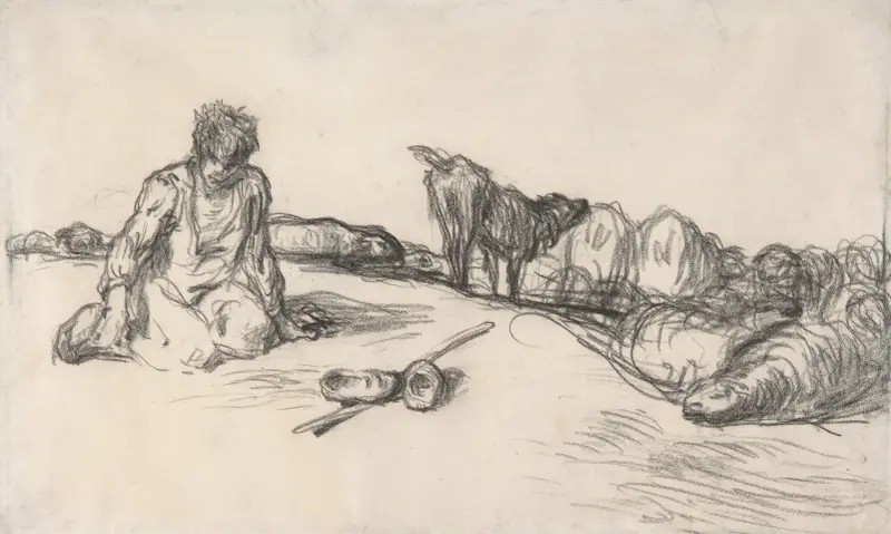 Sittande herde med sin hund och får av Jean-François Millet