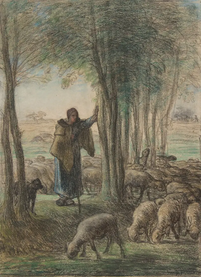 En herdinna och hennes flock i skuggan av träd av Jean-François Millet