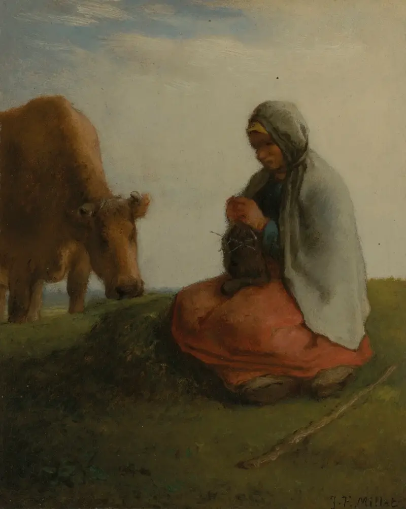 A shepherdess knitting av Jean-François Millet