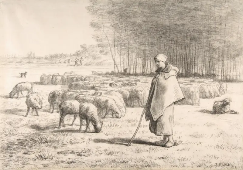 A Shepherdess with Her Flock av Jean-François Millet