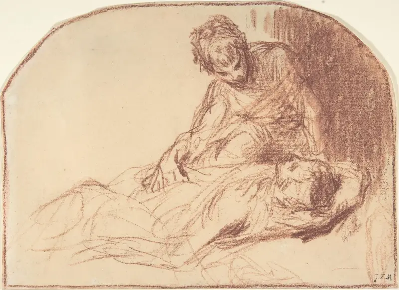 En ung man sittande, böjd över en liggande figur av Jean-François Millet