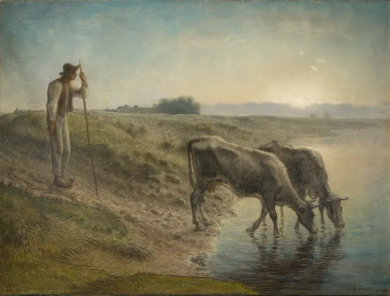Bonde som vattnar sina kor på stranden av floden Allier, skymning av Jean-François Millet