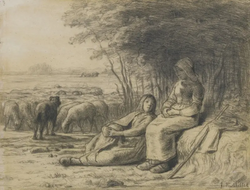 Two Shepherdesses and their Flock av Jean-François Millet