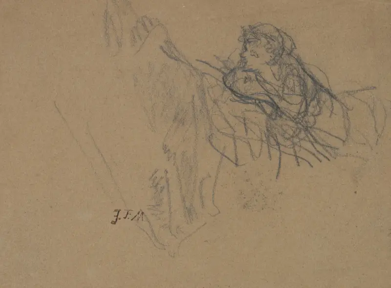 Ung pojke vilande på armbågarna, beundrande en herdinna av Jean-François Millet