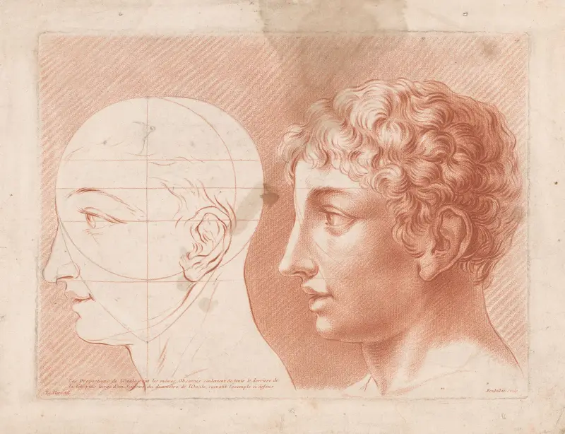 Två manliga huvuden i profil, ett i schematisk vy av Louis-François Roubiliac