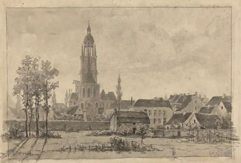 Hal- (vue arrière de l’église, pré, maisonnette et bouquet d’arbres à l’avant-plan) av Jean-François Taelemans