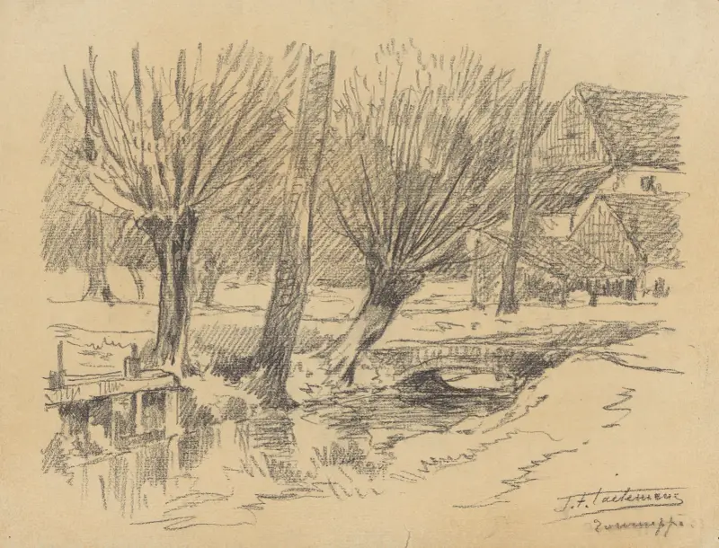 Tourneppe (Dworp) – petit canal bordé de saules, avec écluse, petit pont et grande ferme à l’arrière-plan av Jean-François Taelemans