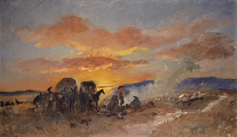 Lägereld vid soluppgång på Laramie Plains av Frank Buchser