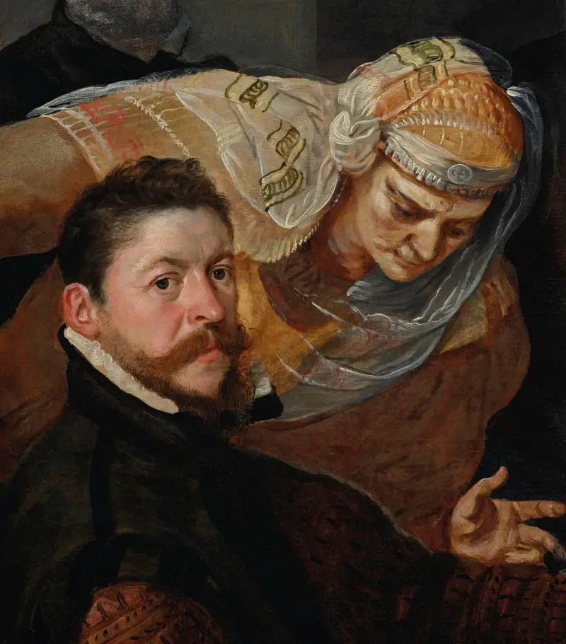 Porträtt av en konstnär, sittande, med en kvinna lutad över hans axel av Frans Floris