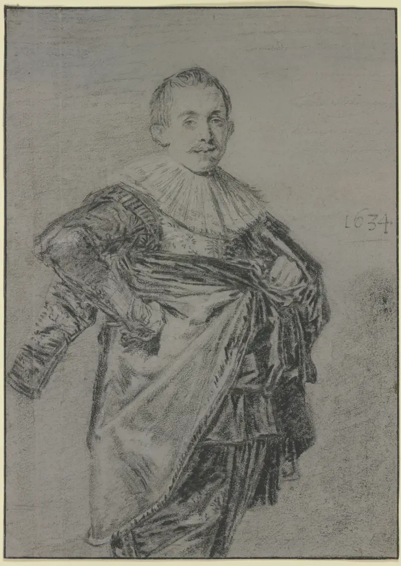 Junger stehender Mann mit Mantel und glatter Halskrause, Kniestück von Frans Hals