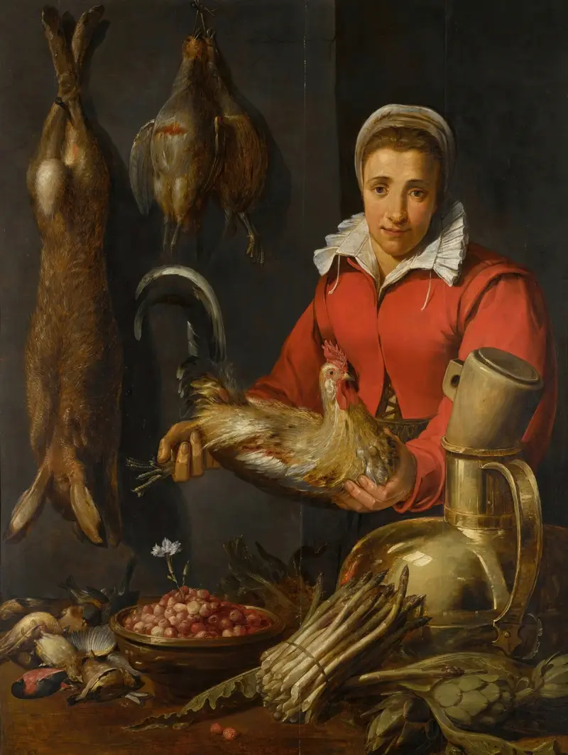 Eine Gemüsehändlerin mit einem Hahn, Wild, Spargel, Artischocken, Küchengeräten und einer Schale mit Walderdbeeren von Frans Snyders