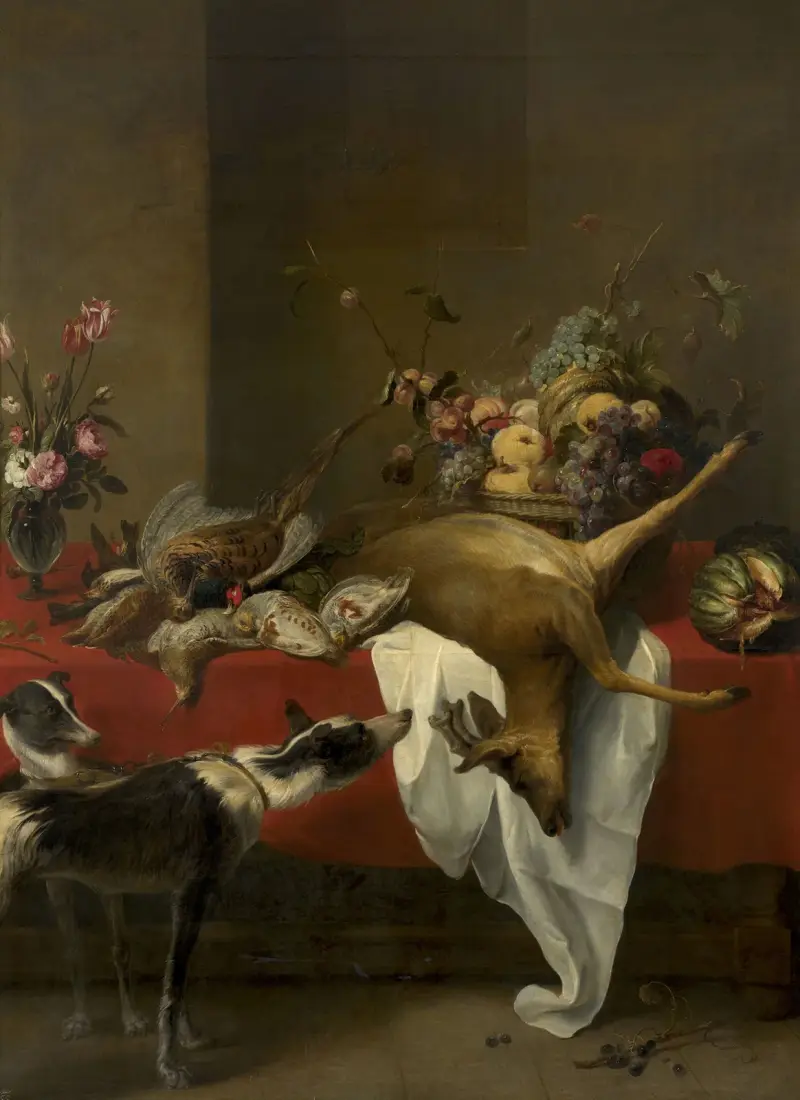 Vilt, fruktkorg och vas med blommor på ett bord av Frans Snyders
