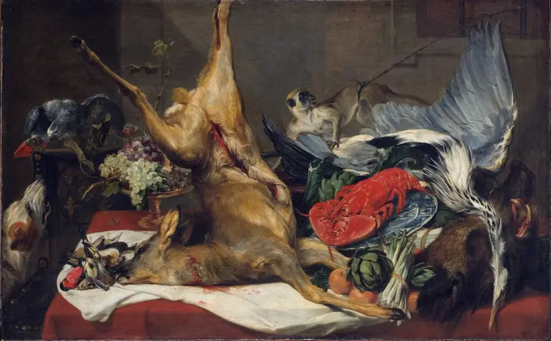 Stilleben med dödat vilt, apa, papegoja och hund av Frans Snyders