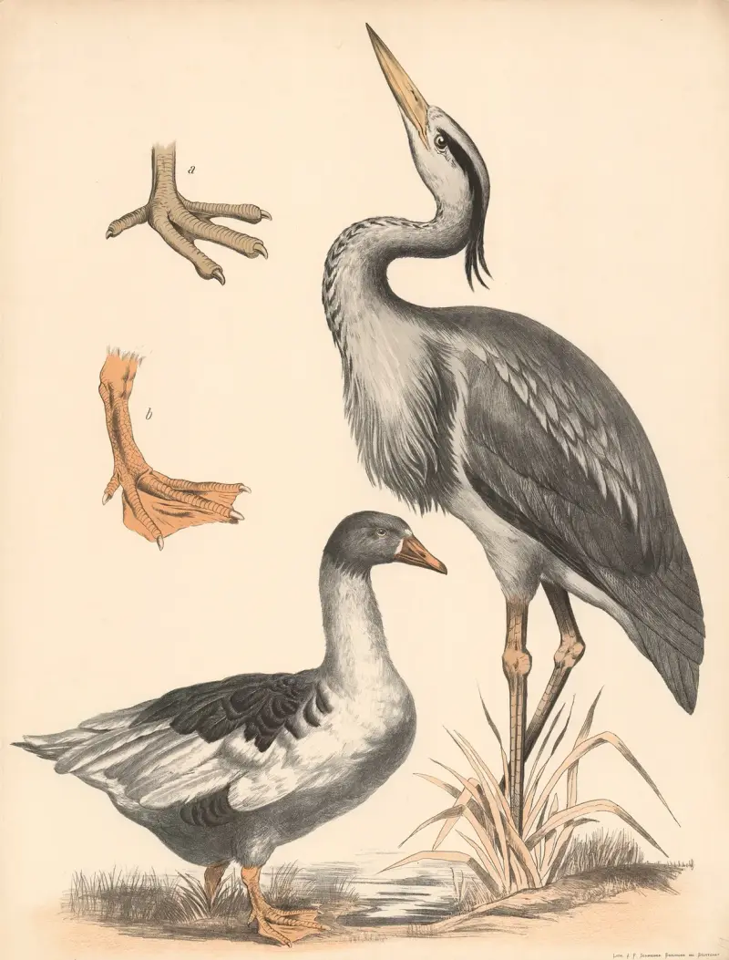 Häger (Ardea cinerea), gås (Anser), a) vadfot och b) simfot förstorade av Franz Engleder