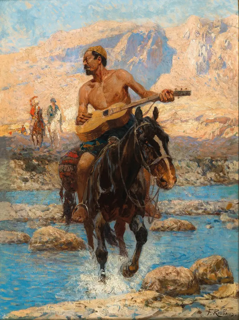 En ryttare med gitarr som korsar ett vadställe av Franz Roubaud