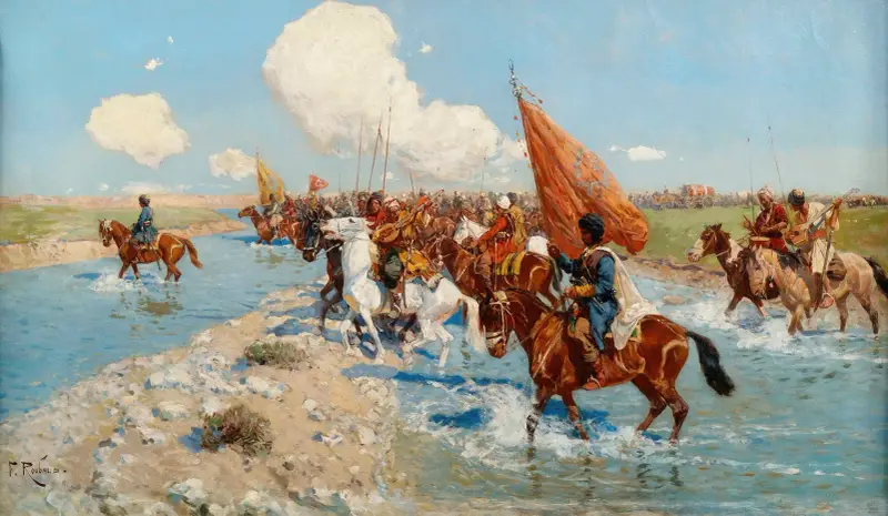 Tscherkessische Reiter überqueren einen Fluss von Franz Roubaud