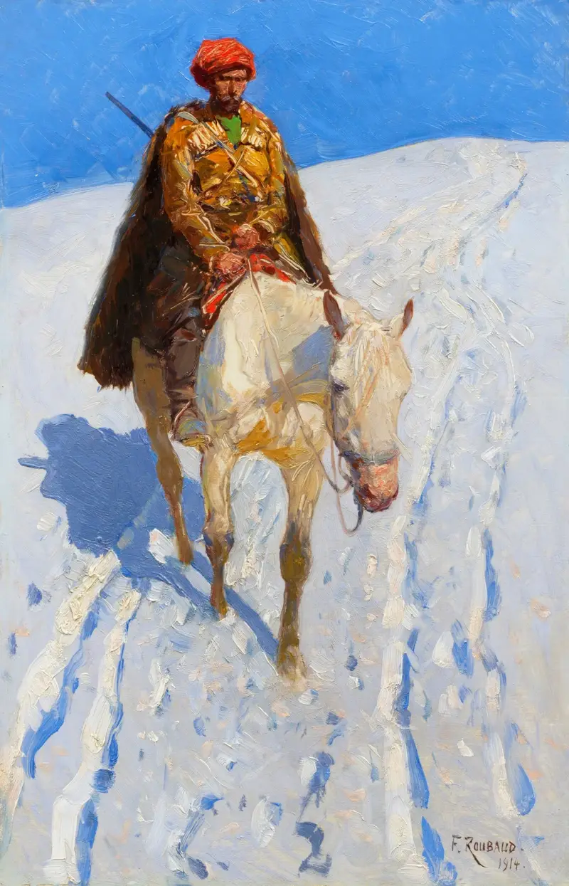 Kaukasischer Reiter im Schnee av Franz Roubaud