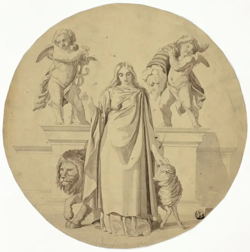 Allegorische weibliche Figur mit Löwe, Lamm und zwei Putten von Frederic Leighton
