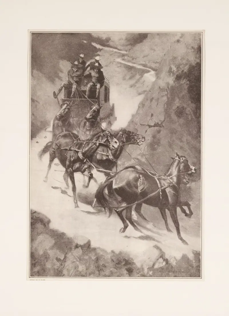 Amatörkörning med diligens i Klippiga bergen av Frederic Remington