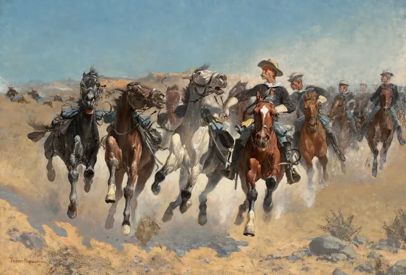 Abgesessen, die vierte Schwadron führt die Handpferde von Frederic Remington