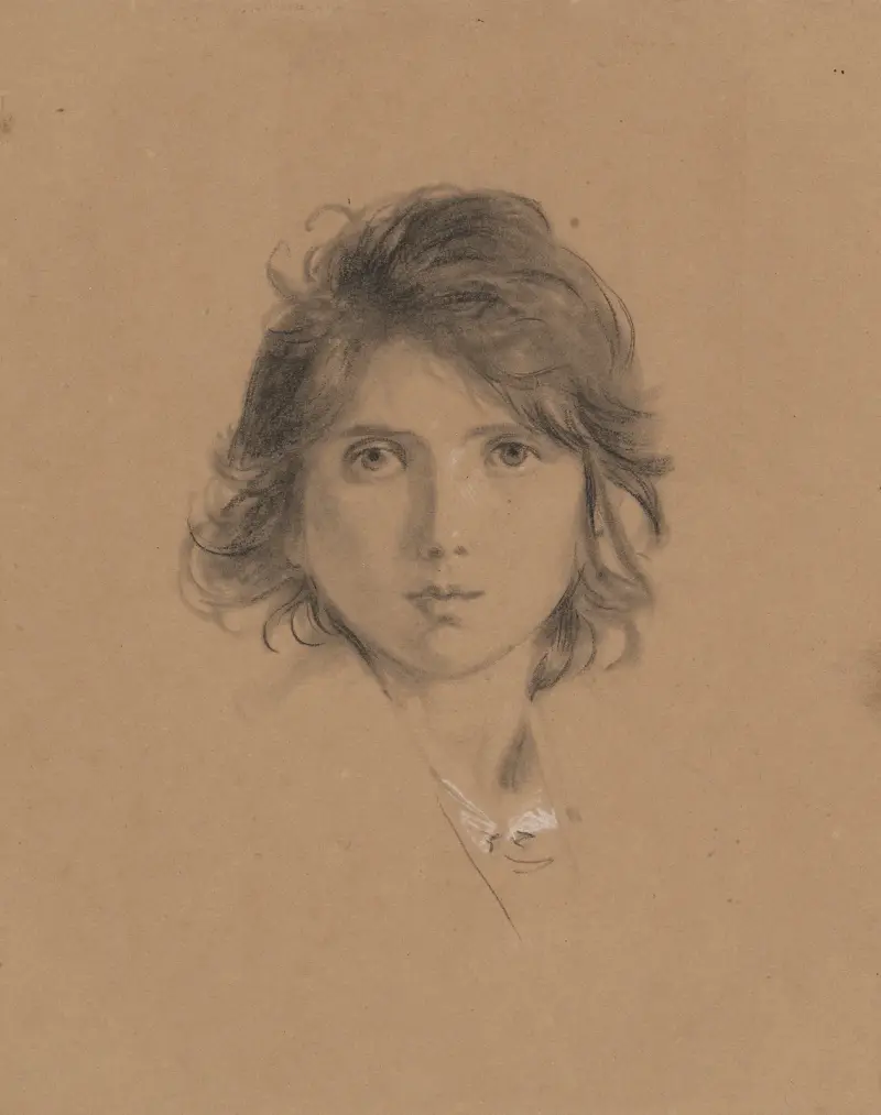 Studie av en pojkes huvud i 'Bönder på landsbygden' under vinskörden av George Frederic Watts