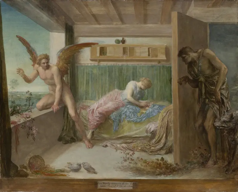 När fattigdomen kommer in genom dörren, flyger kärleken ut genom fönstret av George Frederic Watts