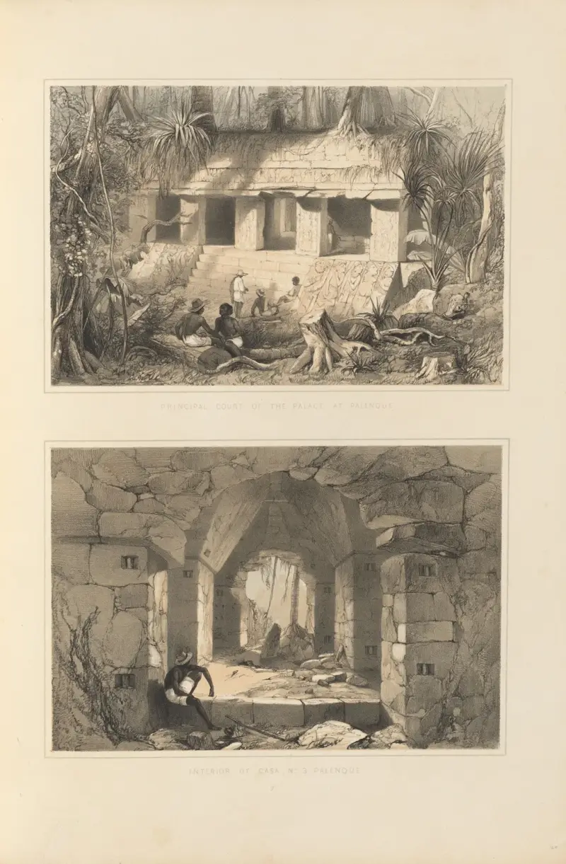 1. Huvudgården i palatset i Palenque. 2. Interiör av Casa nr 3, Palenque av Frederick Catherwood