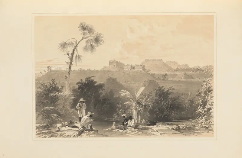 Allmän vy av Uxmal, sedd från bågen i Las Monjas mot söder av Frederick Catherwood