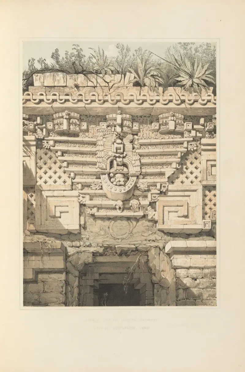 Ornament över huvudingången, Casa del Gobernador, Uxmal av Frederick Catherwood