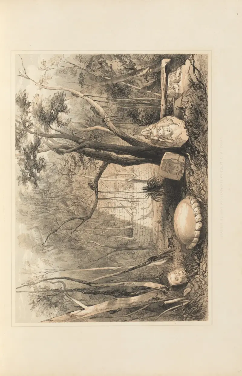 Budowla piramidalna i fragmenty rzeźb w Copán, Frederick Catherwood