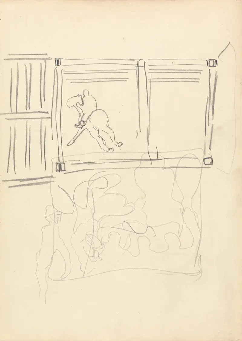 Gyllene kalvens grotta; Design för en dekorativ panel, häst och ryttare av Spencer Frederick Gore