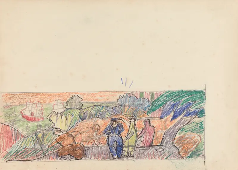Gyllene kalvens grotta; skiss för muralmålning, gentleman i förgrunden av Spencer Frederick Gore
