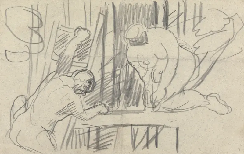 Höhle des Goldenen Kalbes; Studie eines Baumhauses mit primitiven Menschen von Spencer Frederick Gore