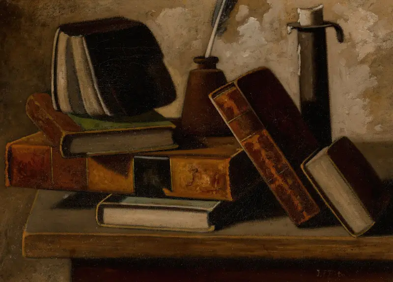 Stilleben med böcker, bläckhorn och ljusstake av John Frederick Peto