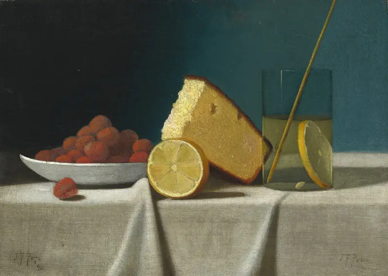 Stillleben mit Kuchen, Zitrone, Erdbeeren und Glas von John Frederick Peto