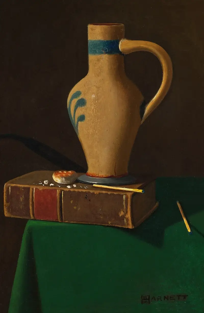 Stillleben mit Kanne auf einem Buch von John Frederick Peto