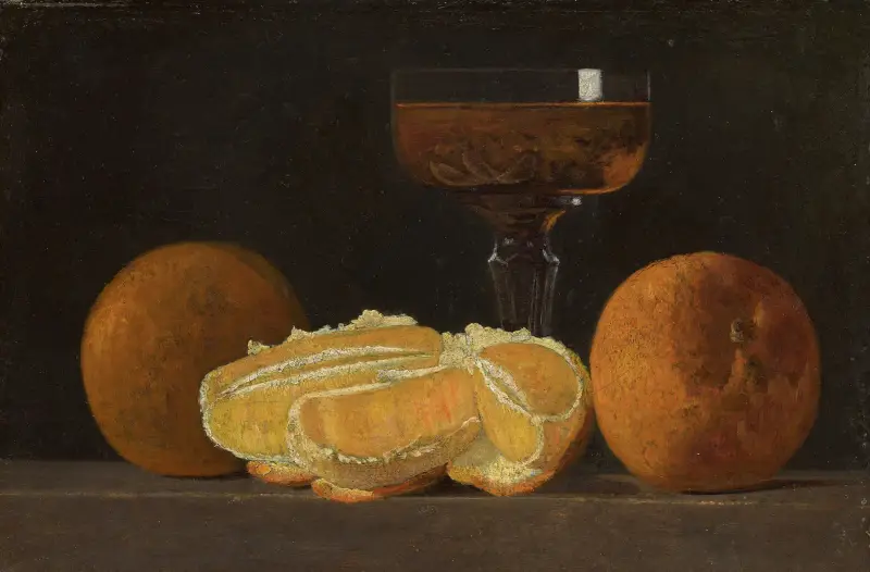 Stilleben med apelsiner och vinglas av John Frederick Peto