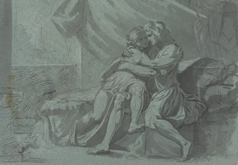 Omfamnande älskande i antik dräkt – en kvinna i antik dräkt som ser upp av Heinrich Friedrich Füger