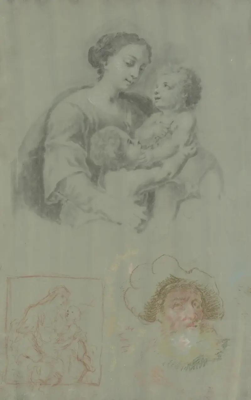 Studieblad med en madonna med barnet och Johannespojken, samt en skäggig man med mössa av Heinrich Friedrich Füger
